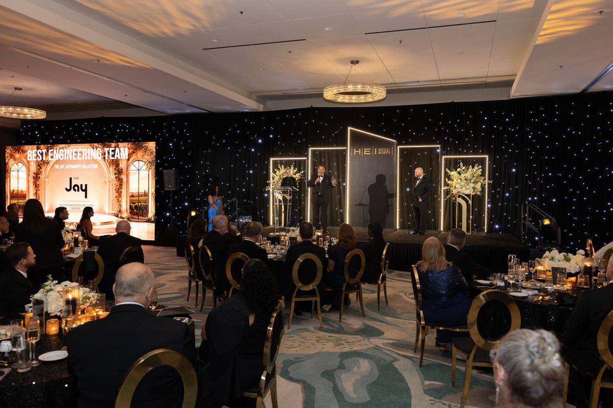 Wide view of the HEI awards dinner ballroom
